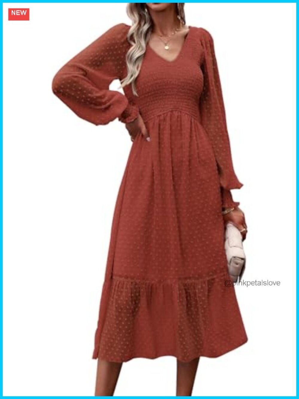 Women's Swiss Dot Midi Dress Long Sleeve V Neck Smocked Chiffon A-Line